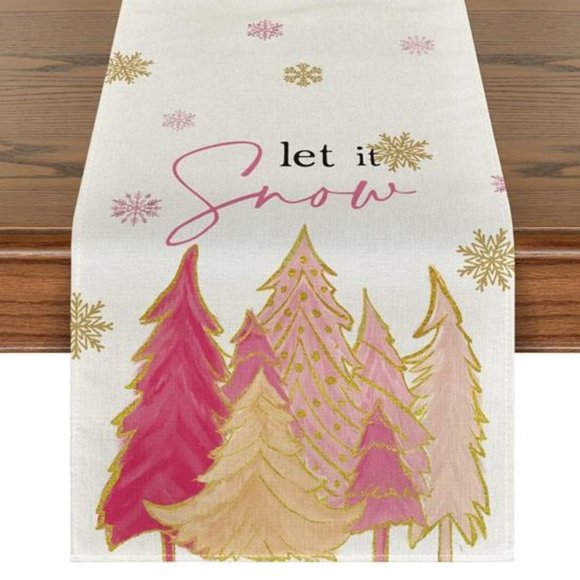 Christmas Table Runner Pink Snowflake Decor Holiday Decoration Decorative Cloth - Picture 6 of 10